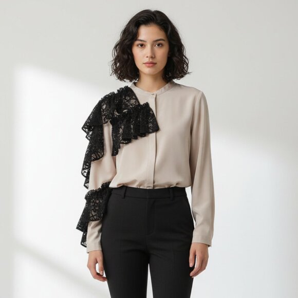 Molly Taffeta Women's Blouse Top Lace Ruffle Beige Size M NWT - Picture 1 of 6